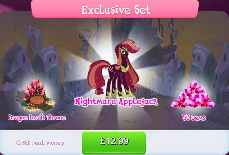 Size: 1266x858 | Tagged: safe, derpibooru import, official, applejack, earth pony, pony, armor, bundle, bush, costs real money, english, evil, female, gameloft, gem, hair tie, hatless, hoof shoes, image, jewelry, jpeg, mare, missing accessory, mobile game, my little pony: magic princess, nightmare applejack, nightmarified, numbers, regalia, sale, solo, solo focus, tail, tail wrap, text, throne