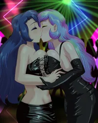 Size: 1635x2048 | Tagged: suggestive, artist:thebrokencog, derpibooru import, princess celestia, princess luna, human, big breasts, bra, breasts, busty princess celestia, busty princess luna, clothes, commission, crop top bra, crowd, dance floor, description, dress, duo, duo female, eyes closed, eyeshadow, female, females only, gloves, hand on arm, humanized, image, incest, kiss on the lips, kissing, latex, latex dress, latex gloves, lesbian, long gloves, long hair, makeup, miniskirt, nightclub, png, princest, sexy, shipping, siblings, side view, sideboob, sinfully sexy, sisters, skirt, stage light, stupid sexy celestia, stupid sexy princess luna, symmetrical docking, underwear