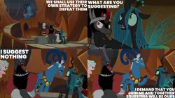 Size: 2000x1125 | Tagged: safe, derpibooru import, edit, edited screencap, editor:quoterific, screencap, cozy glow, grogar, king sombra, lord tirek, queen chrysalis, centaur, changeling, changeling queen, pegasus, pony, sheep, taur, umbrum, unicorn, the beginning of the end, bell, bell collar, collar, confused, crystal ball, evil grin, female, filly, foal, freckles, frown, grin, grogar's orb, image, male, nose piercing, nose ring, piercing, png, raised hoof, ram, septum piercing, smiling