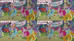 Size: 2000x1125 | Tagged: safe, derpibooru import, edit, edited screencap, editor:quoterific, screencap, berry punch, berryshine, carrot top, derpy hooves, golden harvest, linky, pinkie pie, rainbow dash, shoeshine, earth pony, pegasus, pony, secrets and pies, image, png