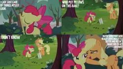Size: 4400x2475 | Tagged: safe, derpibooru import, edit, edited screencap, editor:quoterific, screencap, apple bloom, applejack, earth pony, pony, somepony to watch over me, apple, apple bloom's bow, apple sisters, apple tree, applejack's hat, bow, cowboy hat, eyes closed, female, filly, foal, food, freckles, frown, grin, hair bow, hat, image, mare, mouth hold, open mouth, open smile, overprotective, pillow, png, rake, sheepish grin, siblings, sisters, smiling, tree