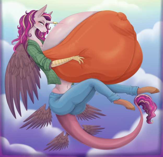 Size: 1957x1883 | Tagged: questionable, artist:mortimer todd, derpibooru import, oc, oc:theia, anthro, draconequus, unguligrade anthro, areola, belly button, big areola, big breasts, big nipples, breasts, cleavage, clothes, denim, draconequus oc, erect nipples, female, flannel, flying, hand on breasts, horn, horn jewelry, huge breasts, hyper, hyper areola, hyper breasts, hyper nipples, image, impossibly large areola, impossibly large breasts, impossibly large nipples, jeans, jewelry, leonine tail, lidded eyes, looking at you, midriff, multicolored hair, multiple wings, nipple outline, nipples, nudity, pants, png, shirt, solo, tail, wings