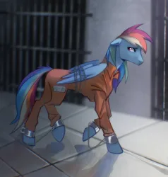 Size: 2508x2634 | Tagged: safe, artist:peachmichea, derpibooru import, bound wings, chained, clothes, commissioner:rainbowdash69, cuffs, image, jail, never doubt rainbowdash69's involvement, png, prison, prison outfit, prisoner, prisoner rd, sad, shackles, wings