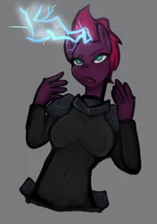Size: 2039x2893 | Tagged: safe, artist:meliciamelano, derpibooru import, tempest shadow, anthro, plantigrade anthro, armor, belly button, breasts, broken horn, busty tempest shadow, eye scar, facial scar, female, gray background, horn, image, magic, magic aura, open mouth, png, raised arms, scar, simple background, skintight clothes, solo, sparks