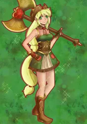 Size: 1401x1986 | Tagged: safe, artist:sydbees, derpibooru import, applejack, human, abstract background, axe, female, humanized, image, jpeg, magical girl, solo, tail, tailed humanization, weapon