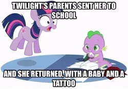 Size: 716x499 | Tagged: safe, artist:queencold, derpibooru import, edit, spike, twilight sparkle, dragon, pony, unicorn, baby, baby dragon, baby spike, bibliovore, book, caption, duo, eating, female, filly, filly twilight sparkle, foal, image, impact font, jpeg, jumping, meme, paper, pica, shocked, simple background, text, the horror, unfortunate implications, unicorn twilight, white background, younger