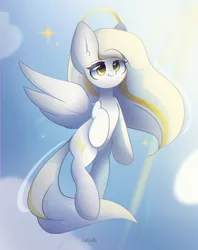 Size: 1900x2400 | Tagged: safe, artist:miryelis, derpibooru import, oc, oc:gold.de, pegasus, pony, angelic, cloud, cute, flying, full body, halo, image, long hair, png, sky, solo, sparkles