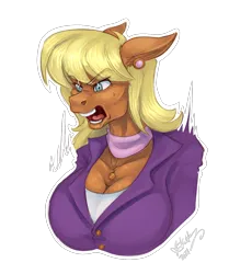 Size: 1308x1562 | Tagged: safe, artist:skuttz, derpibooru import, ms. harshwhinny, anthro, earth pony, angry, big breasts, blonde, blonde hair, blouse, breasts, busty ms. harshwhinny, cleavage, clothes, ear piercing, floppy ears, image, jacket, open mouth, piercing, png, scarf, simple background, solo, teeth, transparent background, yelling