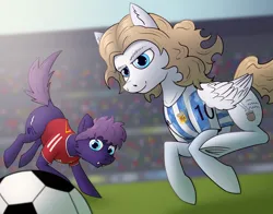 Size: 1920x1505 | Tagged: safe, artist:tsswordy, derpibooru import, oc, oc:wolf herbst, unofficial characters only, earth pony, pegasus, pony, clothes, duo, earth pony oc, football, image, pegasus oc, png, shirt, sports, t-shirt, wings