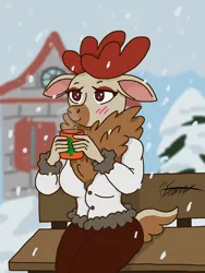 Size: 2304x3072 | Tagged: safe, artist:ma5teroftheuniv3rse, derpibooru import, anthro, deer, reindeer, them's fightin' herds, background character, bench, blushing, clothes, coat, comet (tfh), community related, floppy ears, image, jpeg, mug, snow, snowfall