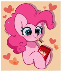 Size: 2611x3044 | Tagged: safe, artist:kittyrosie, derpibooru import, pinkie pie, earth pony, pony, floating heart, food, heart, image, open mouth, png, pocky, simple background, yellow background
