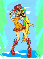 Size: 732x998 | Tagged: safe, artist:xjleiu, derpibooru import, applejack, human, equestria girls, cap, clothes, female, hat, image, jpeg, multicolored hair, rainbow hair, solo