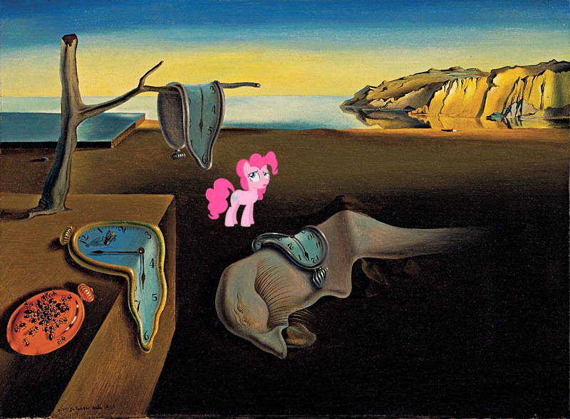 Size: 1600x1177 | Tagged: safe, derpibooru import, edit, pinkie pie, earth pony, pony, clock, female, fine art parody, image, jpeg, lake, looking away, melting, meme, paint tool sai, painting, salvador dalí, solo, surreal, tail, the persistence of memory, water, weird
