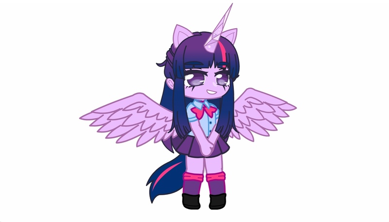 Size: 1972x1124 | Tagged: safe, derpibooru import, twilight sparkle, twilight sparkle (alicorn), alicorn, human, female, gacha, gacha club, gacha life, horn, image, jpeg, simple background, smiling, solo, standing, teeth, white background, wings