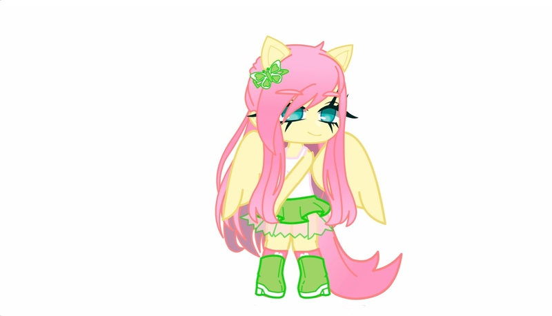 Size: 1965x1125 | Tagged: safe, derpibooru import, fluttershy, butterfly, human, insect, female, gacha, gacha club, gacha life, hairclip, image, jpeg, simple background, smiling, solo, standing, white background, wings