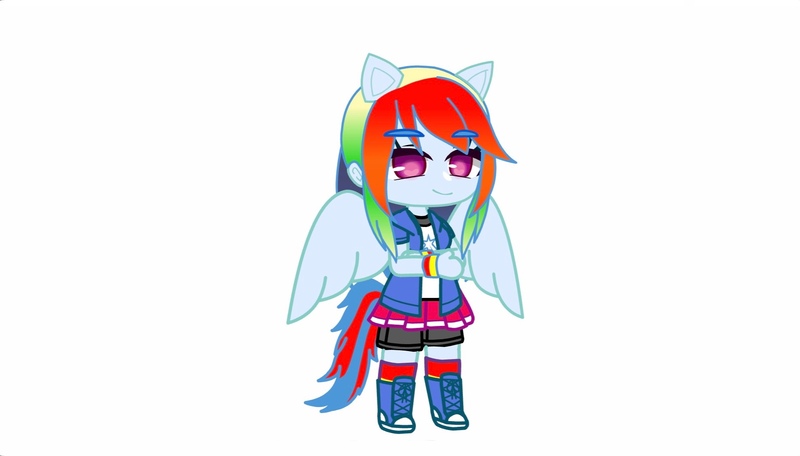 Size: 1973x1125 | Tagged: safe, derpibooru import, rainbow dash, human, bracelet, crossed arms, female, gacha, gacha club, gacha life, image, jewelry, jpeg, simple background, smiling, solo, standing, white background, wings, wristband