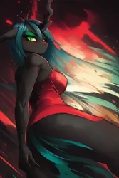 Size: 1024x1536 | Tagged: suggestive, derpibooru import, editor:craft, machine learning generated, purplesmart.ai, stable diffusion, queen chrysalis, anthro, changeling, changeling queen, clothes, dress, female, from below, image, looking at you, png, solo, solo female, sultry pose