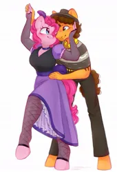 Size: 733x1079 | Tagged: safe, artist:melodylibris, derpibooru import, cheese sandwich, pinkie pie, anthro, earth pony, pony, unguligrade anthro, cheesepie, clothes, dancing, dress, female, hat, image, jpeg, looking at each other, looking at someone, male, mare, one eye closed, poncho, saloon dress, saloon pinkie, shipping, simple background, smiling, smiling at each other, stallion, straight, white background