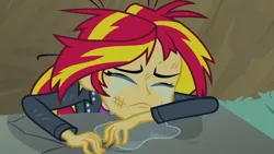 Size: 3072x1727 | Tagged: safe, derpibooru import, screencap, sunset shimmer, human, equestria girls, equestria girls (movie), clothes, crying, cute, eyes closed, female, frown, image, jacket, jpeg, leather, leather jacket, sad, sadorable, shimmerbetes, solo, sunsad shimmer