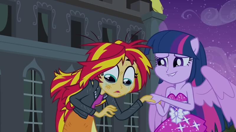 Size: 3072x1727 | Tagged: safe, derpibooru import, screencap, sunset shimmer, twilight sparkle, human, equestria girls, equestria girls (movie), bare shoulders, canterlot high, clothes, crying, duo, duo female, fall formal outfits, female, image, jacket, jpeg, leather, leather jacket, lip bite, night, open mouth, sleeveless, smiling, spread wings, strapless, twilight ball dress, wings