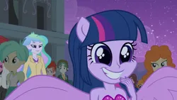 Size: 3072x1727 | Tagged: safe, derpibooru import, screencap, golden hazel, princess celestia, scribble dee, twilight sparkle, human, equestria girls, equestria girls (movie), bare shoulders, canterlot high, fall formal outfits, female, grin, image, jpeg, male, night, ponied up, principal celestia, sleeveless, smiling, spread wings, strapless, twilight ball dress, wings