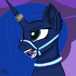 Size: 3508x3508 | Tagged: suggestive, artist:milo_ean, derpibooru import, princess luna, alicorn, pony, angry, bdsm, bondage, bridle, bust, collar, ear fluff, female, gag, horn, horn ring, image, jewelry, jpeg, luna is not amused, lunasub, magic suppression, mare, open mouth, portrait, ring, ring gag, solo, solo female, tack, tongue out, unamused