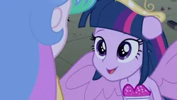 Size: 3072x1727 | Tagged: safe, derpibooru import, screencap, princess celestia, twilight sparkle, human, equestria girls, equestria girls (movie), bare shoulders, big crown thingy, duo, duo female, element of magic, fall formal outfits, female, image, jewelry, jpeg, open mouth, open smile, ponied up, principal celestia, regalia, sleeveless, smiling, spread wings, strapless, twilight ball dress, wings