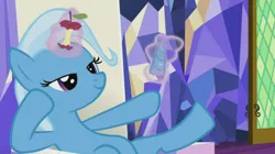 Size: 650x365 | Tagged: safe, derpibooru import, edit, edited screencap, screencap, trixie, pony, unicorn, all bottled up, season 7, apple, apple core, belly, chair, crystal, female, food, glow, glowing horn, hoof on cheek, horn, image, levitation, magic, mare, png, raised hoof, random, relaxed, silly, sitting, smiling, solo, telekinesis, throne, throne room