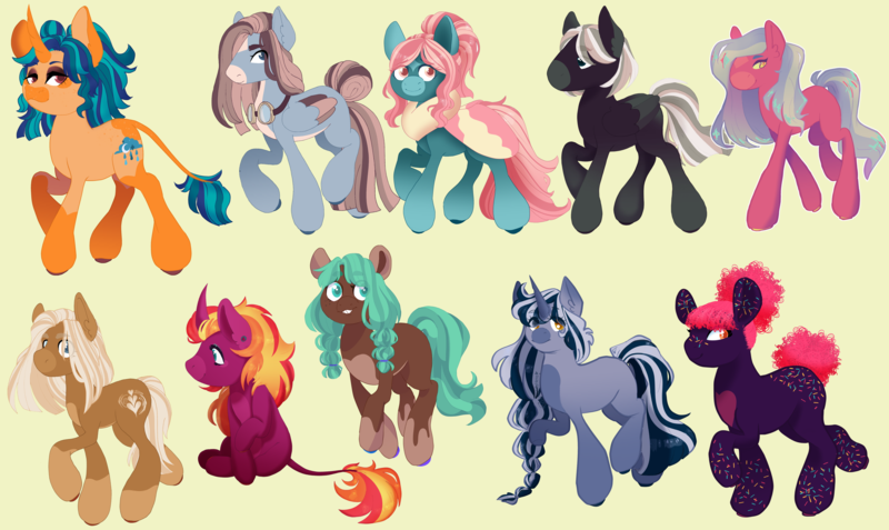 Size: 4992x2975 | Tagged: safe, artist:spookierdeer, derpibooru import, oc, oc:berry cherry, oc:cozy macchiato, oc:donut crush, oc:dusky comfort, oc:dust storm, oc:fluster flickerfluff, oc:mint truffle, oc:prairie petal, oc:sunlight refrain, oc:sunshower, unofficial characters only, classical unicorn, earth pony, pegasus, pony, unicorn, bucktooth, cloven hooves, coat markings, earth pony oc, facial markings, female, goggles, high res, horn, image, leonine tail, magical gay spawn, magical lesbian spawn, male, mare, offspring, parent:applejack, parent:big macintosh, parent:fluttershy, parent:pinkie pie, parent:rainbow dash, parent:starlight glimmer, parent:sunset shimmer, parent:tempest shadow, parent:trenderhoof, parent:twilight sparkle, parents:appledash, parents:applepie, parents:appleshimmer, parents:rainbowmac, parents:shimmerglimmer, parents:sunshyne, parents:tempestpie, parents:tempestshimmer, parents:trendermac, parents:twijack, pegasus oc, png, simple background, snip (coat marking), socks (coat marking), stallion, star (coat marking), unicorn oc, unshorn fetlocks, wings, yellow background