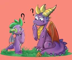 Size: 1774x1484 | Tagged: safe, artist:cosmiclitgalaxy, derpibooru import, spike, dragon, crossover, duo, image, international dragon day, looking at each other, looking at someone, male, png, question mark, spyro the dragon, spyro the dragon (series)