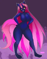 Size: 816x1024 | Tagged: suggestive, artist:taihoup, derpibooru import, oc, anthro, demon, demon pony, original species, unguligrade anthro, big breasts, black sclera, breasts, fangs, hand on hip, hips, horns, image, jpeg, long hair, long tail, nudity, open mouth, pink hair, slit pupils, solo, tail, thighs, thunder thighs, umbra pony, wide hips, yellow eyes