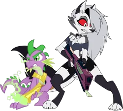 Size: 6646x6000 | Tagged: safe, artist:equestria-prevails, artist:frownfactory, artist:ponygamer2020, derpibooru import, spike, demon, dragon, hellhound, absurd resolution, angry, badass, collar, duo, female, fire, furry, gun, helluva boss, image, loona (helluva boss), male, pentagram, png, rifle, simple background, tail, transparent background, vector, weapon, winged spike, wings