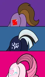 Size: 600x1024 | Tagged: suggestive, artist:noi kincade, derpibooru import, oc, oc:annisa trihapsari, oc:ghostpony, oc:princess kincade, unofficial characters only, alicorn, earth pony, pony, annibutt, blue background, butt, butt only, female, ghostbutt, group, image, kincadebutt, magenta background, male, mare, pictures of butts, plot, png, purple background, simple background, stallion, trio