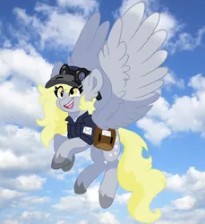 Size: 5500x6000 | Tagged: safe, artist:scarletskitty12, derpibooru import, derpy hooves, pegasus, pony, bag, eye clipping through hair, eyebrows, eyebrows visible through hair, female, flying, goggles, happy, image, jpeg, mailbag, mailmare, mailmare uniform, mare, sky, solo, solo female, spread wings, unshorn fetlocks, wings