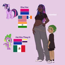 Size: 1200x1200 | Tagged: safe, artist:cryweas, derpibooru import, spike, twilight sparkle, twilight sparkle (alicorn), alicorn, human, belly button, belly piercing, bisexual pride flag, cargo pants, clothes, dark skin, flag, hair over one eye, humanized, image, looking at you, looking back, looking back at you, midriff, mouthpiece, nonbinary pride flag, pants, piercing, png, pride, pride flag, pronouns, purple background, shoes, signature, simple background, sneakers, young
