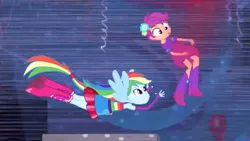 Size: 3072x1727 | Tagged: safe, derpibooru import, screencap, rainbow dash, scootaloo, human, equestria girls, equestria girls (movie), :o, boots, canterlot high, clothes, duo, duo female, fall formal outfits, female, fingerless gloves, flying, gloves, image, jpeg, open mouth, ponied up, shoes, sleeveless, solo focus, spread wings, wings