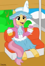Size: 1660x2380 | Tagged: safe, artist:terminalhash, derpibooru import, oc, oc:swan song, bird, earth pony, pony, swan, alcohol, clothes, female, ferris wheel, forest, glass, hat, high res, image, mare, png, skirt, smiling, solo, tree, vector, wine, wine glass