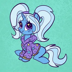 Size: 2048x2048 | Tagged: safe, artist:sophillia, derpibooru import, trixie, pony, unicorn, alternate hairstyle, babysitter trixie, clothes, heart, heart eyes, hoodie, image, jpeg, pigtails, solo, twintails, wingding eyes