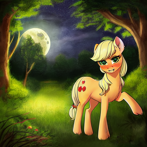 Size: 1024x1024 | Tagged: safe, derpibooru import, editor:lord waite, machine learning generated, stable diffusion, applejack, pony, g4, blushing, ears, female, forest, full moon, hatless, image, missing accessory, moon, night, one leg raised, png, prompter:lord waite, smiling, solo, solo female, tail, tree