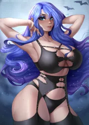 Size: 3000x4200 | Tagged: suggestive, artist:anxiety-chan, derpibooru import, princess luna, bat, human, absolute cleavage, armpits, belly button, big breasts, black underwear, bra, breasts, busty princess luna, cleavage, clothes, constellation, female, garter belt, garter straps, huge breasts, humanized, image, lingerie, painted nails, panties, png, socks, solo, solo female, thigh highs, underwear