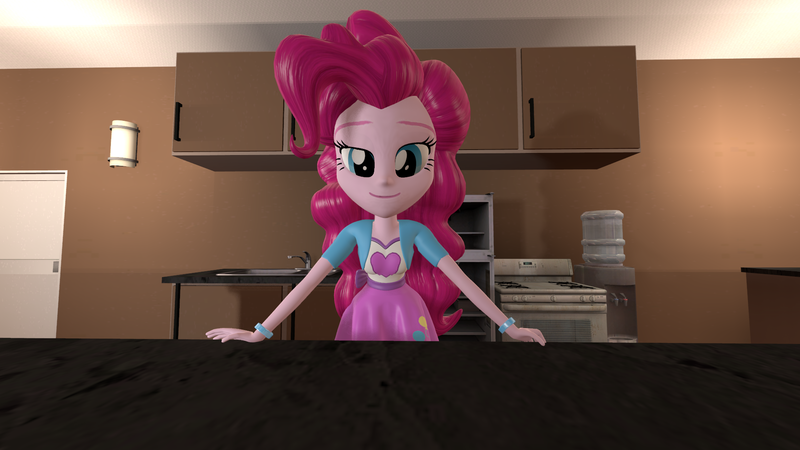 Size: 1920x1080 | Tagged: safe, artist:cjv2004, derpibooru import, pinkie pie, anthro, earth pony, human, pony, equestria girls, 3d, 3d model, bedroom eyes, cute, humanized, image, kitchen, looking at you, png, smiling, solo, source filmmaker