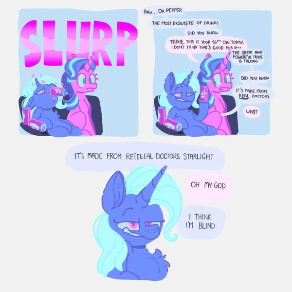 Size: 2048x2048 | Tagged: safe, artist:pastacrylic, derpibooru import, starlight glimmer, trixie, pony, unicorn, comic, dialogue, dr pepper, duo, duo female, female, glow, glowing horn, horn, image, jpeg, magic, magic aura, mare, sitting, speech bubble, telekinesis