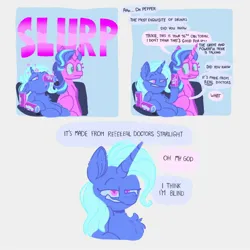 Size: 2048x2048 | Tagged: safe, artist:pastacrylic, derpibooru import, starlight glimmer, trixie, pony, unicorn, comic, dialogue, dr pepper, duo, duo female, female, glow, glowing horn, horn, image, jpeg, magic, magic aura, mare, sitting, speech bubble, telekinesis