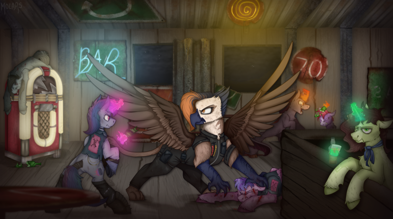 Size: 3400x1900 | Tagged: semi-grimdark, artist:molars, derpibooru import, oc, oc:absinthe, oc:fuel line, oc:valkyrja, earth pony, gryphon, kirin, pony, unicorn, fallout equestria, action scene, alcohol, angry, apocalypse, armor, bar, bar fight, bartender, beaten up, bicolour magic, biker jacket, blood, boots, bottle, broken bottle, clothes, commission, dead, detailed background, fight, fight scene, green fur, green magic, griffon oc, image, injured, insane smile, jacket, jukebox, levitation, looking at you, magic, metal, multiple characters, neon, neon sign, patch, png, rearing, roadsign, rusted, shoes, socks, spread wings, telekinesis, unimpressed, unshorn fetlocks, weapon, wings, wood