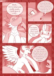 Size: 800x1131 | Tagged: suggestive, artist:vavacung, derpibooru import, spike, twilight sparkle, twilight sparkle (alicorn), alicorn, dragon, comic:save the hero, comic:save the hero: the first, blushing, comic, dragon wings, female, image, jpeg, male, older, older spike, shipping, straight, twispike, winged spike, wings