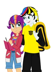 Size: 1934x2619 | Tagged: safe, artist:robertsonskywa1, derpibooru import, sunny starscout, equestria girls, autobot, book, duo, equestria girls (g5), equestria girls-ified, female, g5, g5 to equestria girls, generation leap, image, jpeg, male, multicolored hair, pen, photo, sunny and sunstreaker, sunstreaker, transformers