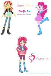 Size: 842x1246 | Tagged: safe, artist:prettycelestia, derpibooru import, pinkie pie, sunset shimmer, ahoge, belt buckle, blue eyes, boots, bracelet, clothes, curly hair, fusion, high heel boots, image, jacket, jewelry, png, shoes, striped mane