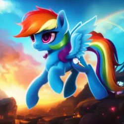 Size: 3072x3072 | Tagged: safe, derpibooru import, machine learning assisted, machine learning generated, purplesmart.ai, stable diffusion, rainbow dash, pegasus, pony, cloud, cloudy, eyelashes, female, flying, image, jpeg, mare, rainbow, scenery, sky, solo, spread wings, watermark, wings