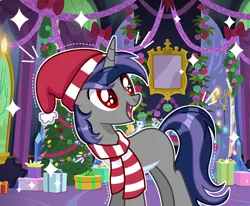 Size: 3488x2880 | Tagged: safe, artist:sarahsuresh-art, derpibooru import, oc, oc:dreaming star, unofficial characters only, bat pony, pony, unicorn, bat pony oc, bat wings, batticorn, christmas, christmas tree, clothes, commission, fangs, festive, happy, hat, hearts warming day, holiday, horn, image, male, pale belly, png, present, santa hat, scarf, solo, solo male, stallion, striped scarf, tree, twilight's castle, unicorn oc, wings, ych result