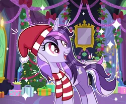 Size: 3488x2880 | Tagged: safe, artist:sarahsuresh-art, derpibooru import, oc, oc:dreaming bell, pony, unicorn, christmas, christmas tree, clothes, commission, female, festive, happy, hat, hearts warming day, holiday, horn, image, mare, png, present, santa hat, scarf, solo, solo female, tree, unicorn oc, ych result